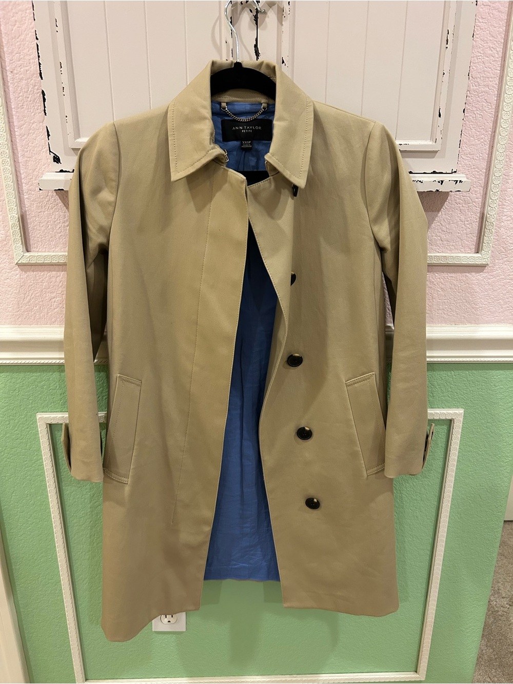 Ann Taylor Vintage Beige Trench Coat with Blue Lining XXSP Women